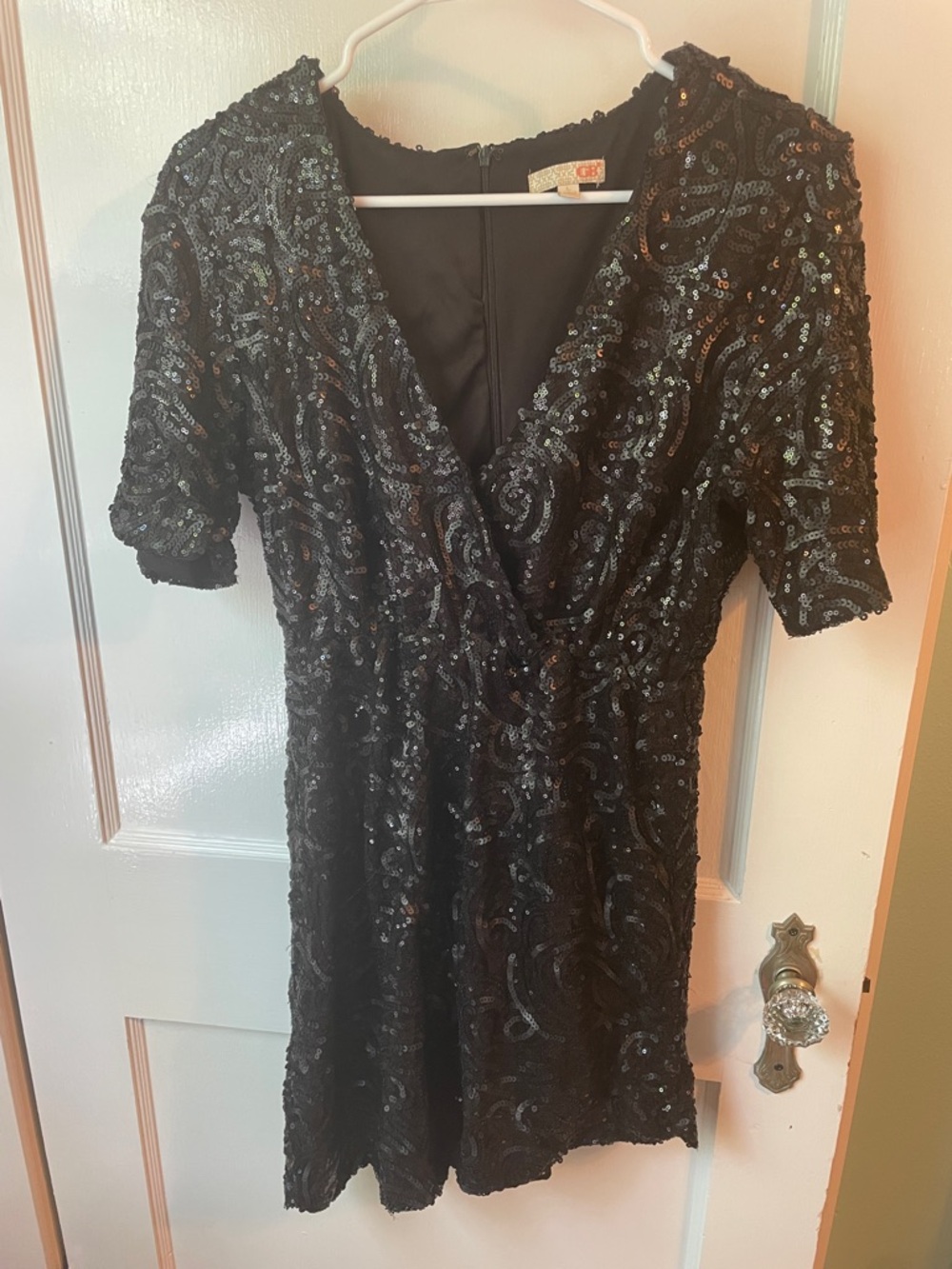 Gianni Bini Black Sequin V-Neck Mini Dress Asymmetrical Hem